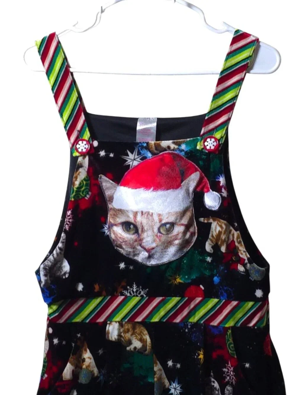 Christmas Cat Overalls Womens Lg Holiday Jumpsuit Santa Kitty Wide Leg Festive